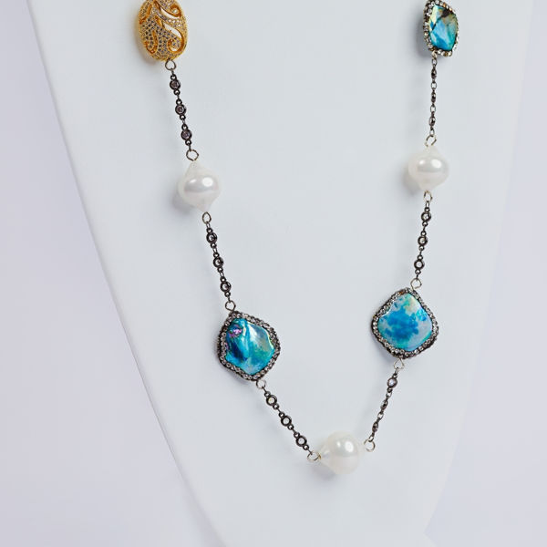 savvie silver chain neckpiece with black diamond and blue baroque savvie boutique custom made jewelry lagos nigeria