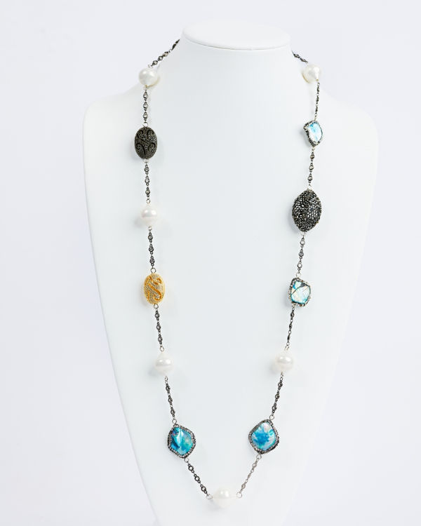 savvie silver chain neckpiece with black diamond and blue baroque savvie boutique custom made jewelry lagos