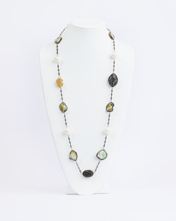 savvie silver chain neckpiece with black diamond and yellow baroque savvie boutique custom made jewelry lagos